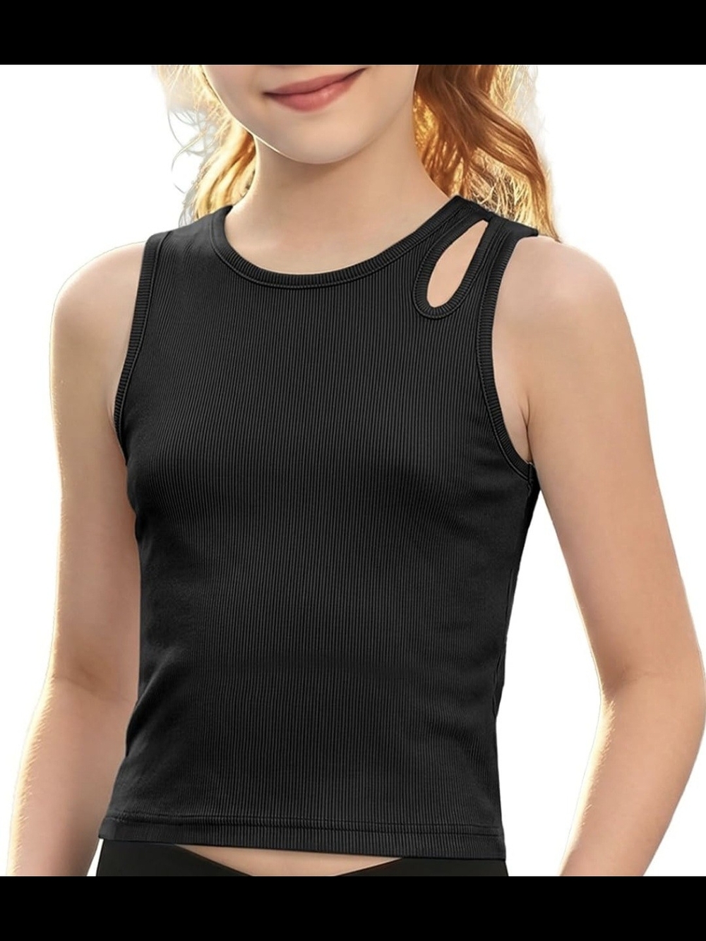 Girls' Black Ribbed Tank Top with Shoulder Cutout